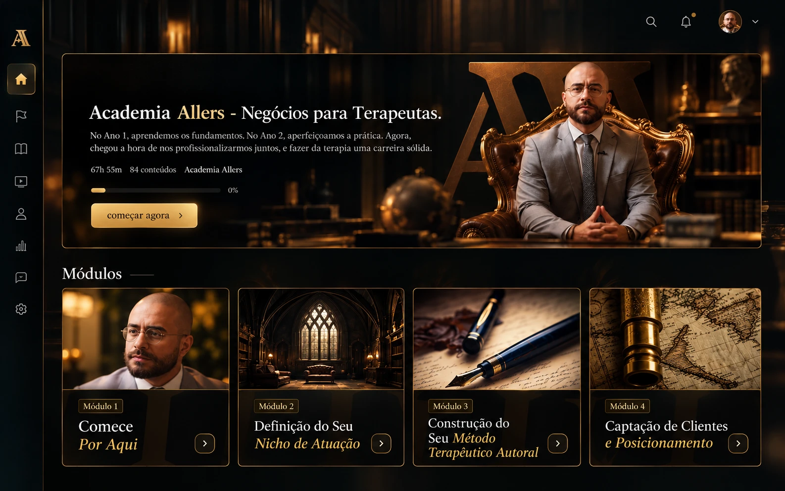 Academia Allers: tela inicial do grupo com o módulo Comece por Aqui e os módulos seguintes